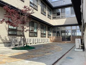 介護施設の中庭。舗装された広場に紅葉する樹木と建物が見える。